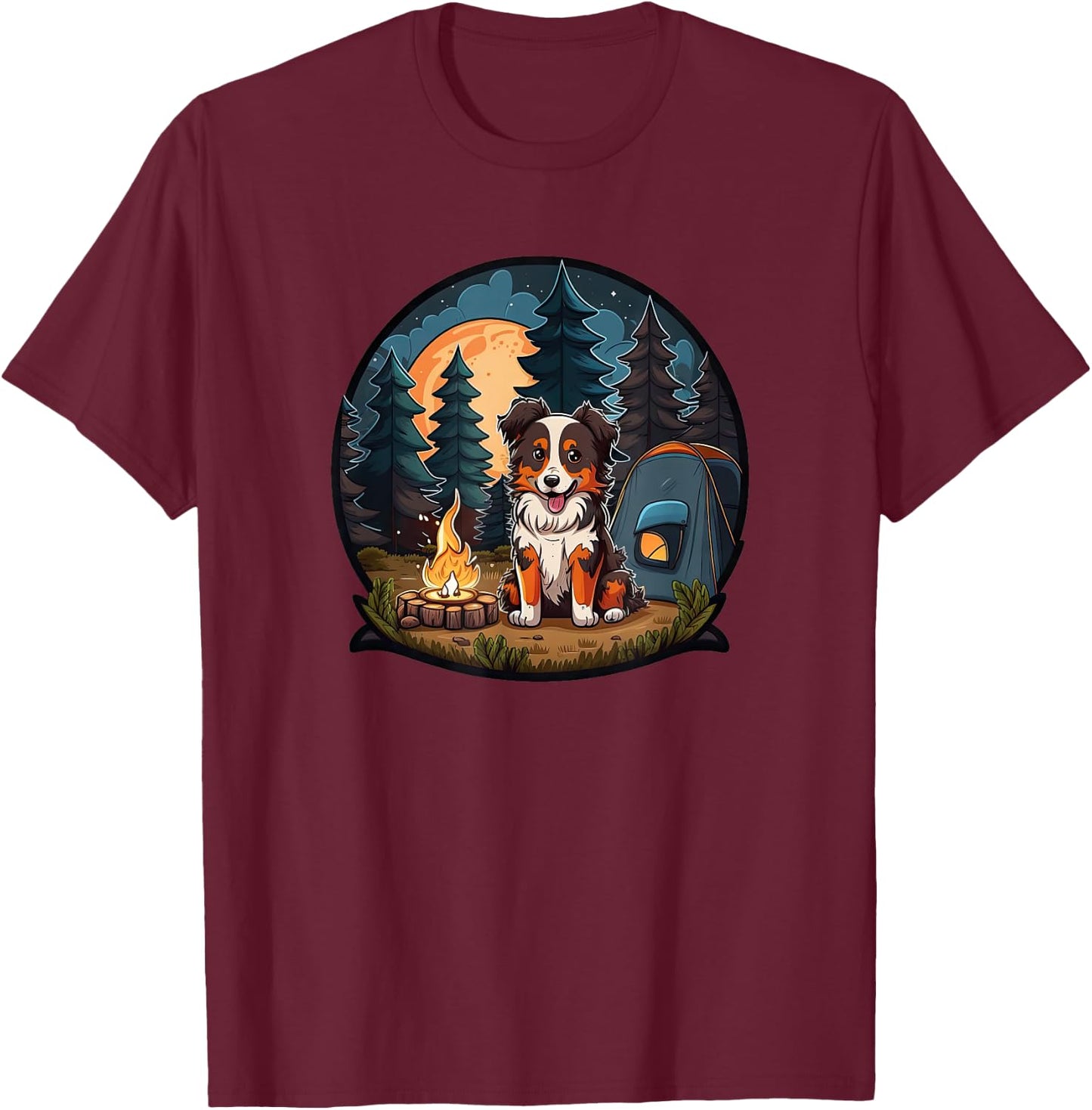 Cute Aussie Dog Camping in the Forest: Australian Shepherd T-Shirt - T-Shirt | Maroon
