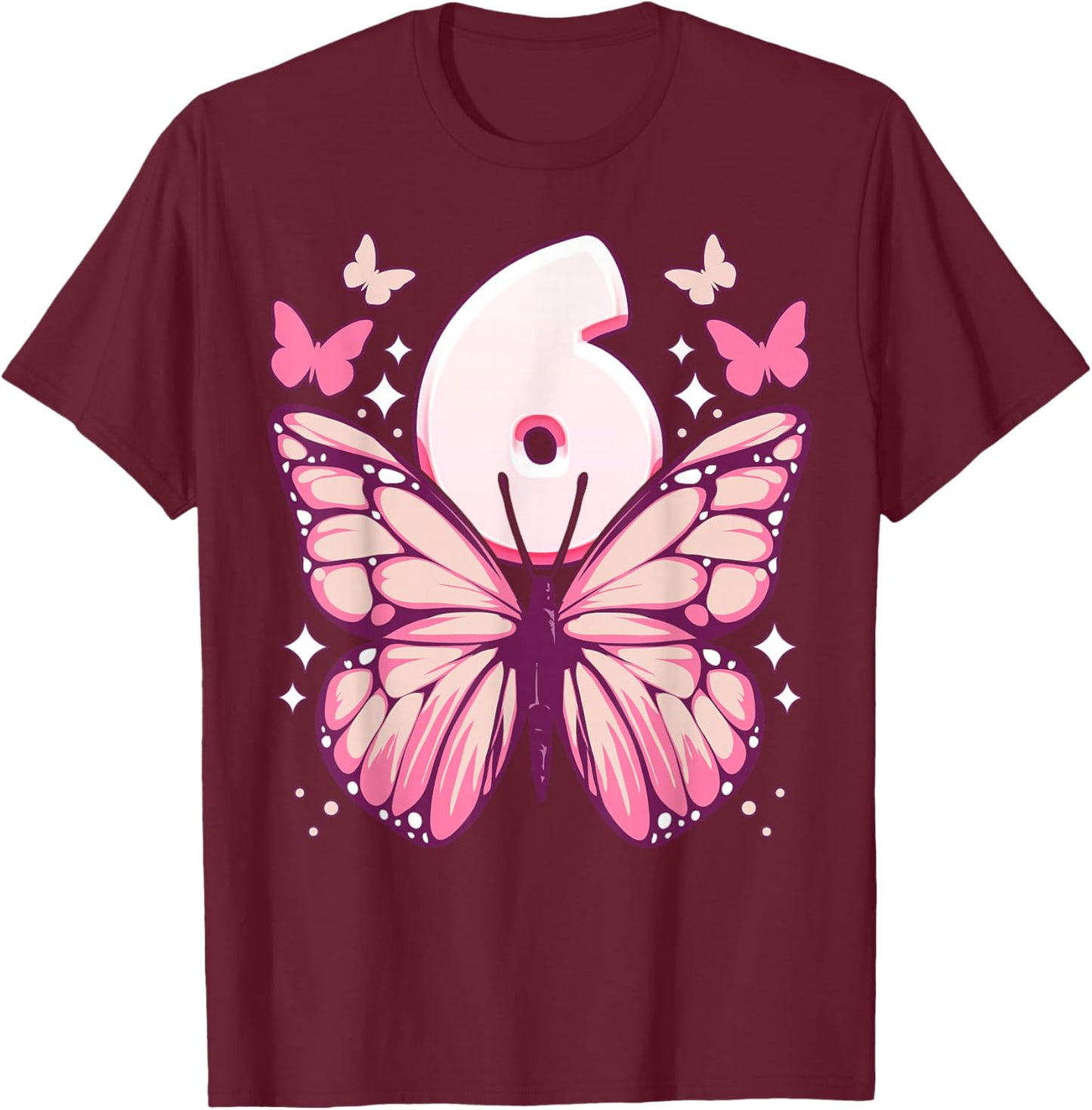 Birthday Girl 6 Years, Butterflies and Number 6 , black T-Shirt - T-Shirt | Maroon