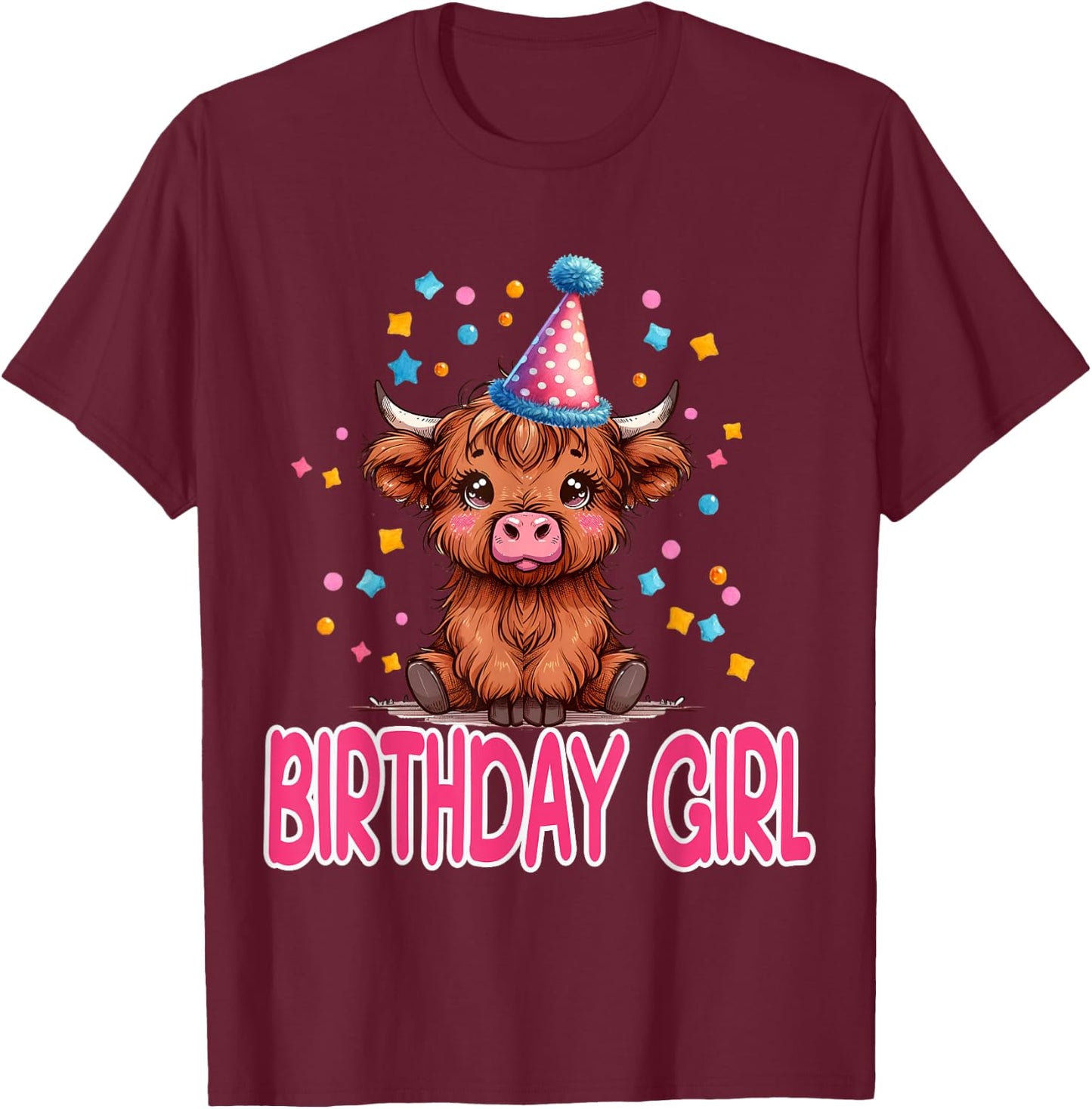 Cow Birthday Cute Fluffy Cow Birthday Girl Hat Confetti T-Shirt - T-Shirt | Maroon