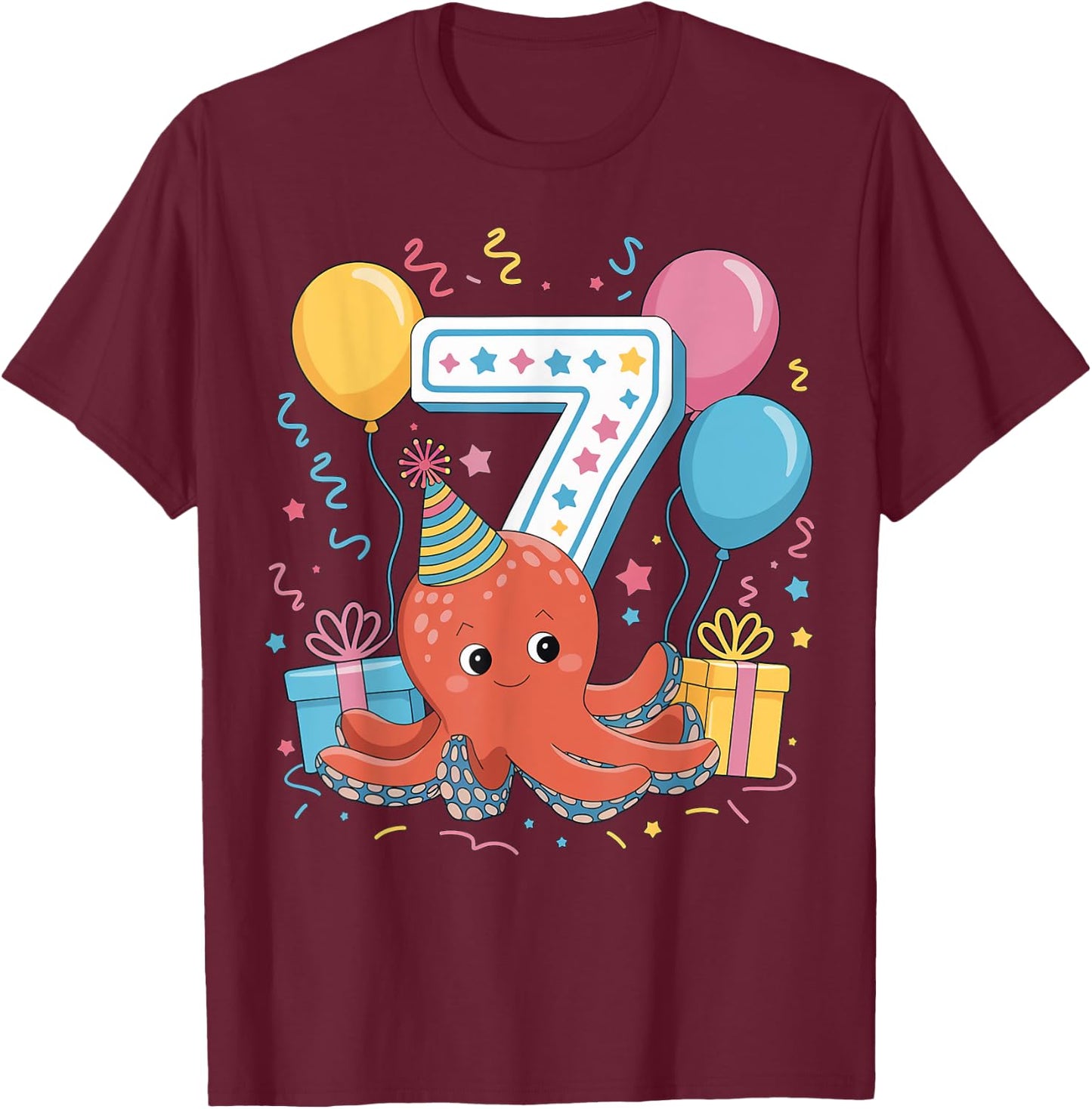 Octopus 7th birthday boy girl 7 years old seventh Octopus T-Shirt - T-Shirt | Maroon