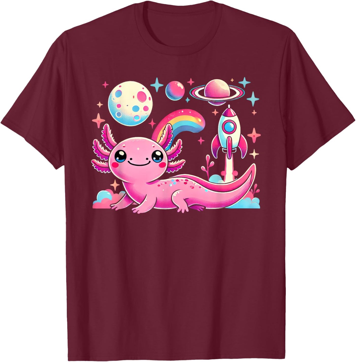 Kawaii Anime Astronaut Axolotl Lover Planets Space Kids T-Shirt - T-Shirt | Maroon