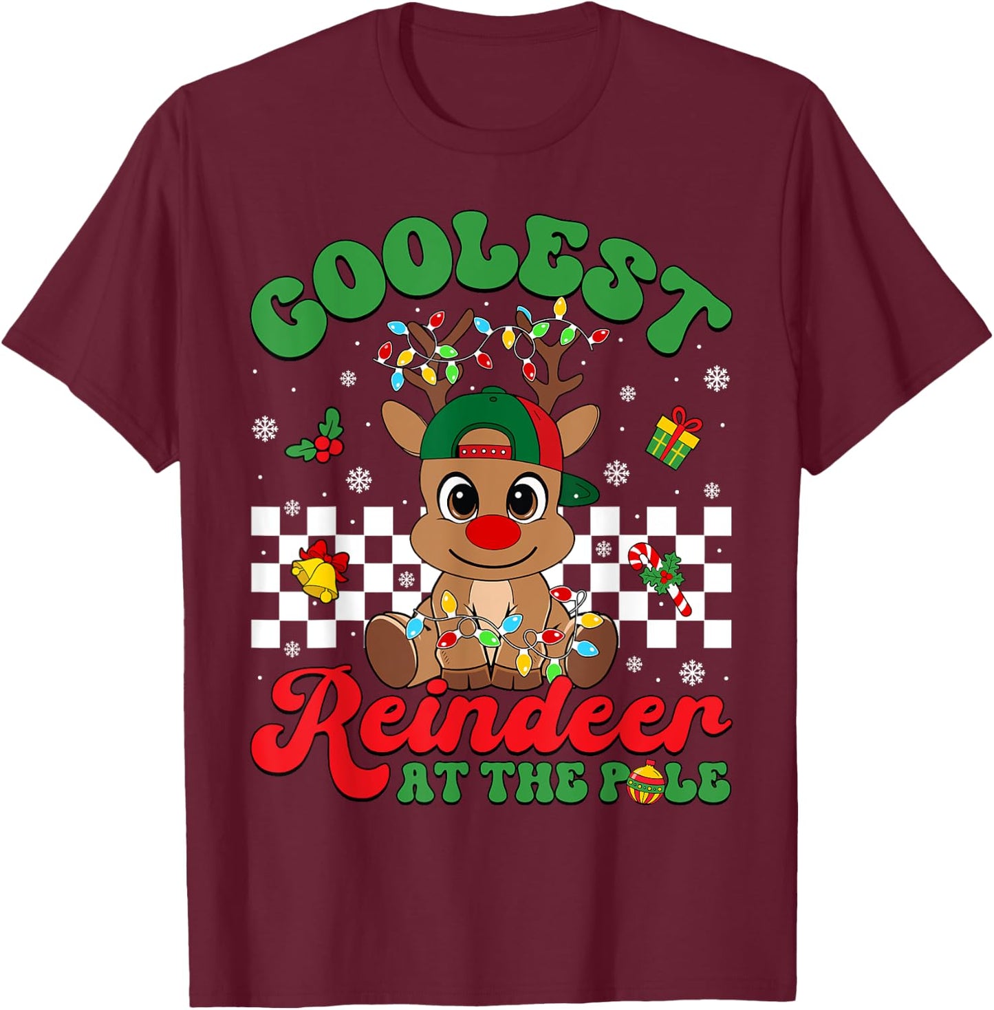 Coolest Reindeer At The Pole North Pole Christmas Boys Kids T-Shirt - T-Shirt | Maroon