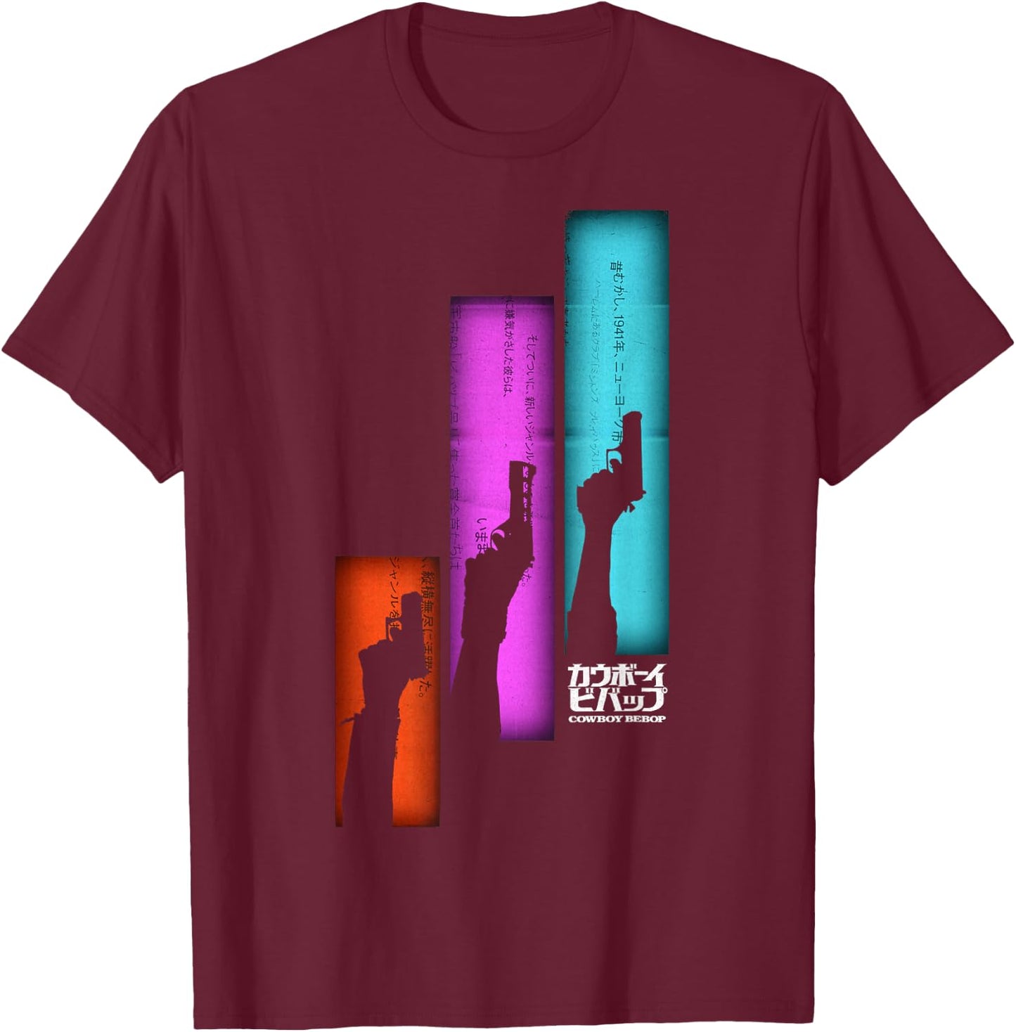 Cowboy Bebop Guns Up Silhouette Panel Poster T-Shirt - T-Shirt | Maroon