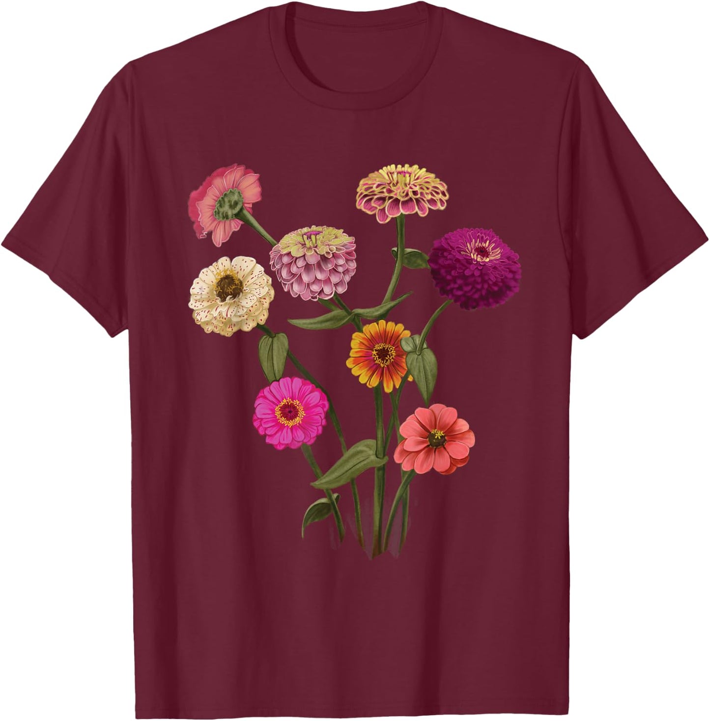 Happy Zinnia Wildflowers, Handpainted Style Graphic T-Shirt - T-Shirt | Maroon