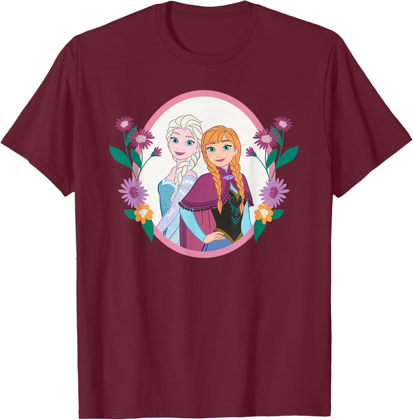 Disney Princess Frozen Elsa and Anna Easter Spring Flowers T-Shirt - T-Shirt | Maroon