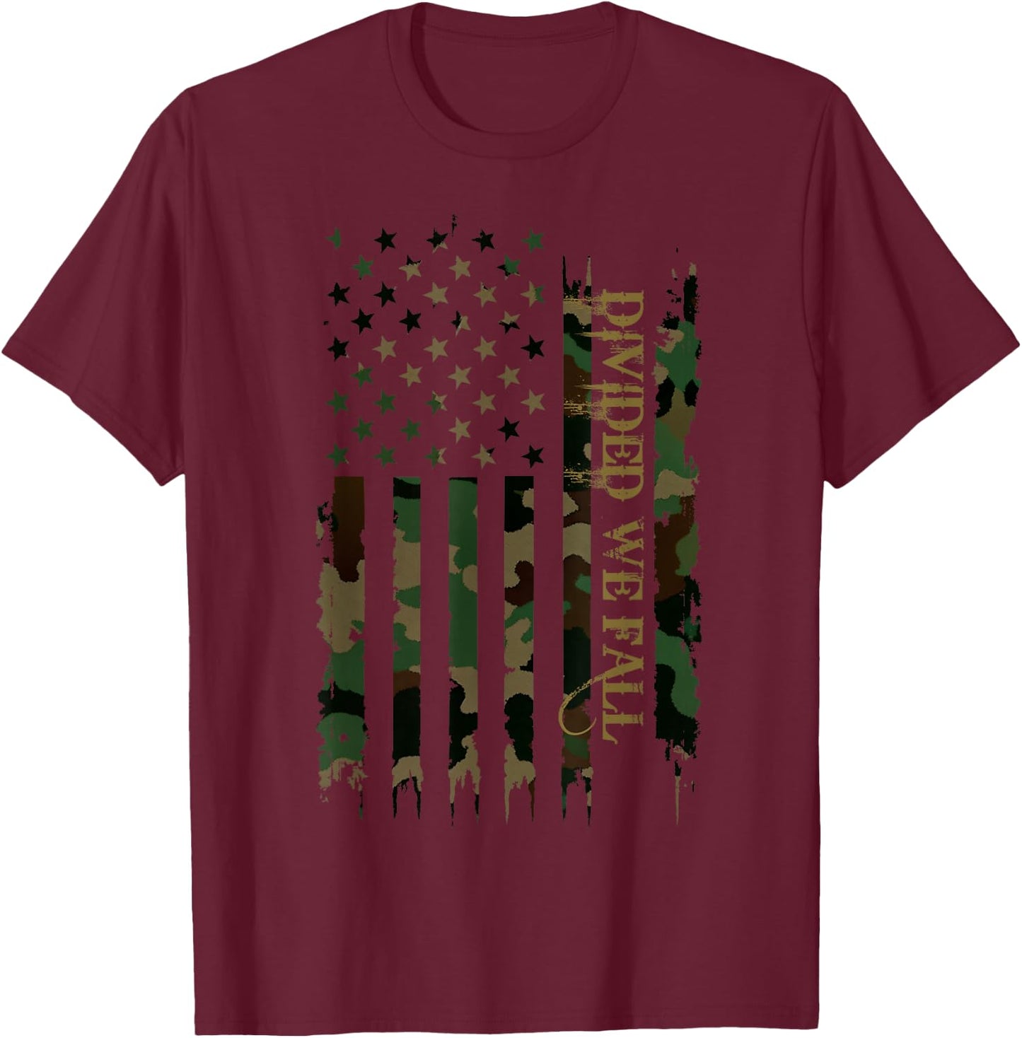 Divided We Fall United States Distressed Camo w US Flag T-Shirt - T-Shirt | Maroon