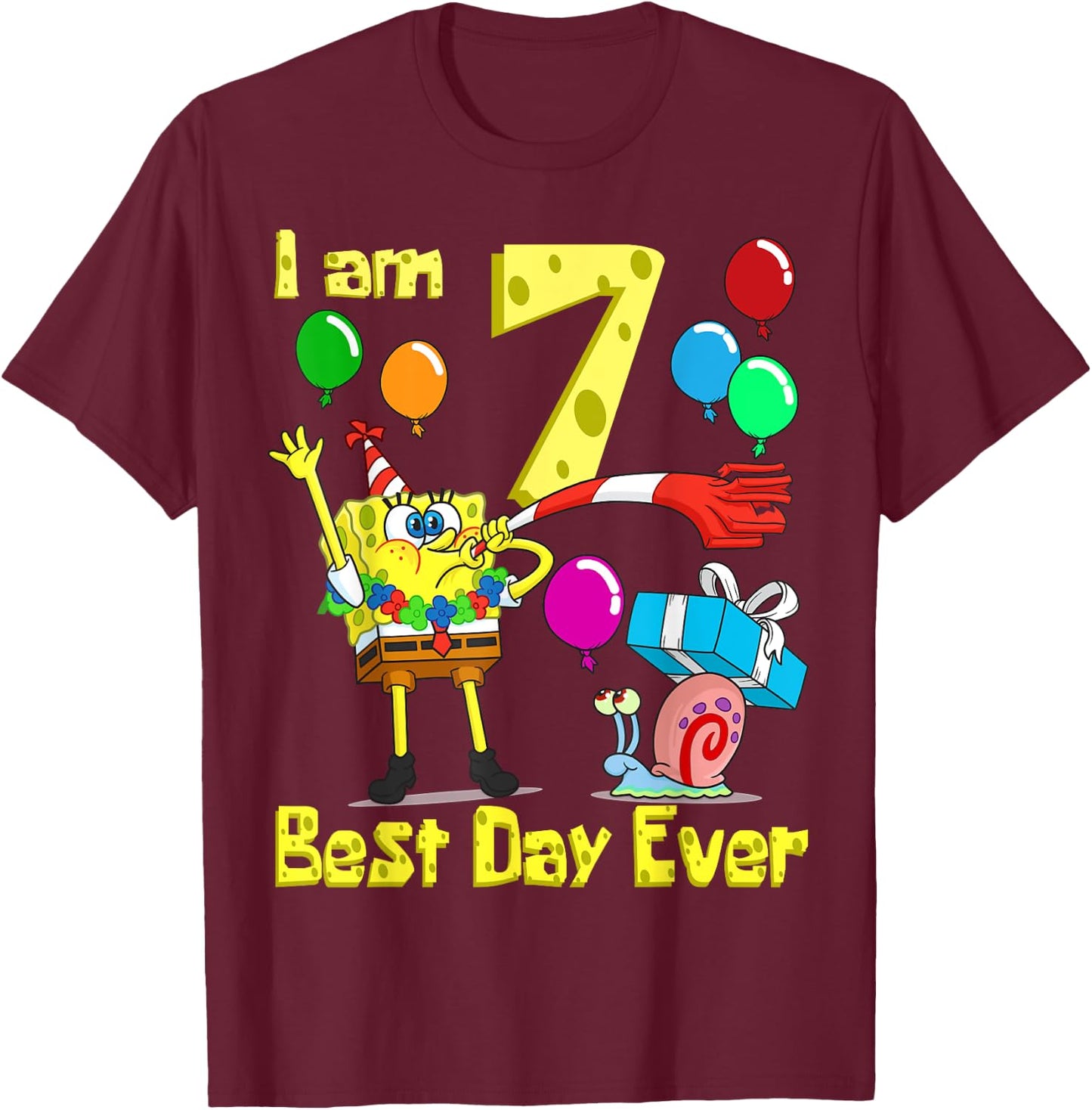 Mademark x SpongeBob SquarePants - SpongeBob I am 7 Years Old Birthday Party T-Shirt - T-Shirt | Maroon