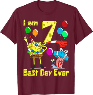 Mademark x SpongeBob SquarePants - SpongeBob I am 7 Years Old Birthday Party T-Shirt - T-Shirt | Maroon