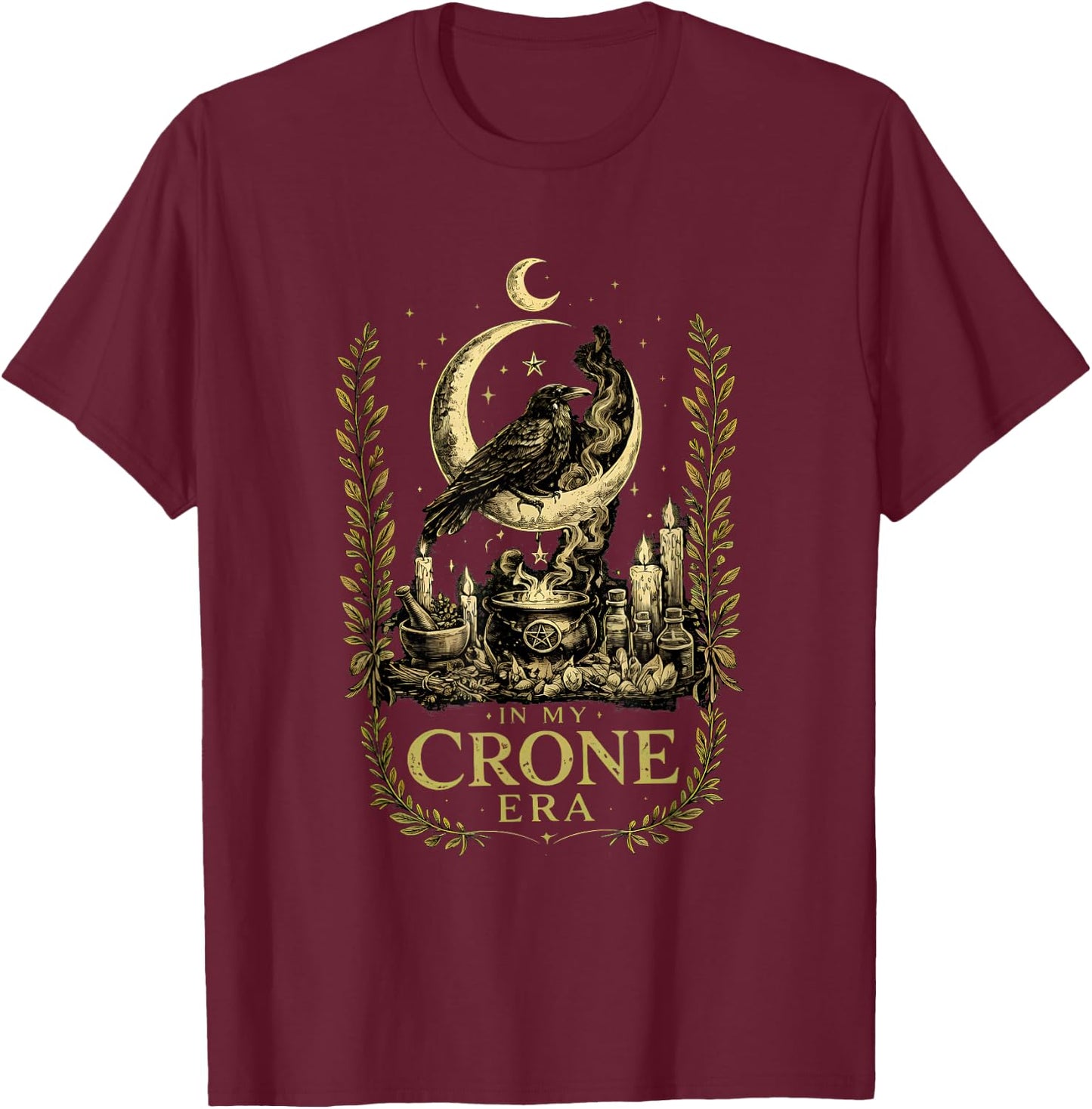 in My Crone Era Witchy Spiritual Gothic Raven Graphic T-Shirt - T-Shirt | Maroon