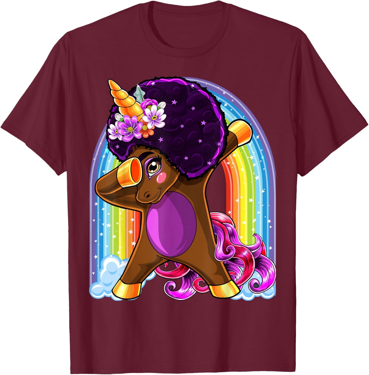 Dabbing Unicorn Afro Natural Hair African American Shirt T-Shirt - T-Shirt | Maroon