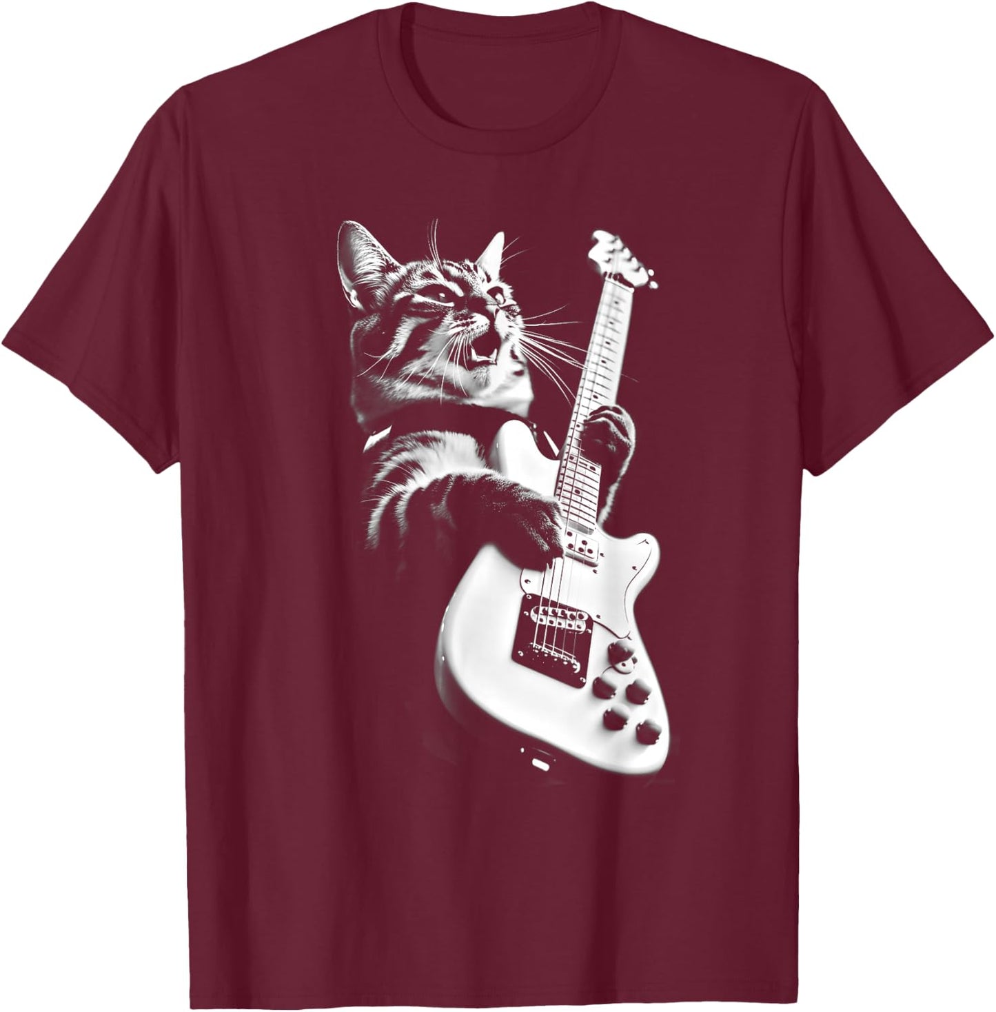Rock Cat Playing Guitar - Funny Guitar Cat T-Shirt - T-Shirt | Maroon