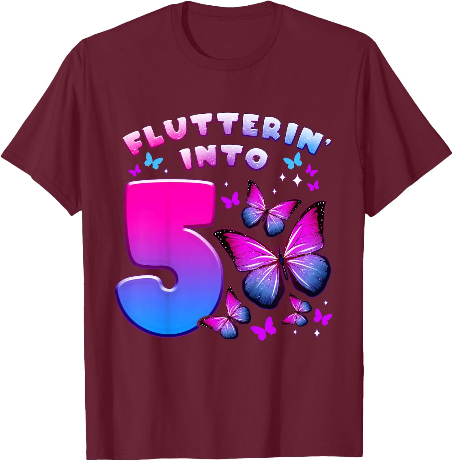 Birthday Girl 5 Years Old Butterfly Number 5 T-Shirt - T-Shirt | Maroon