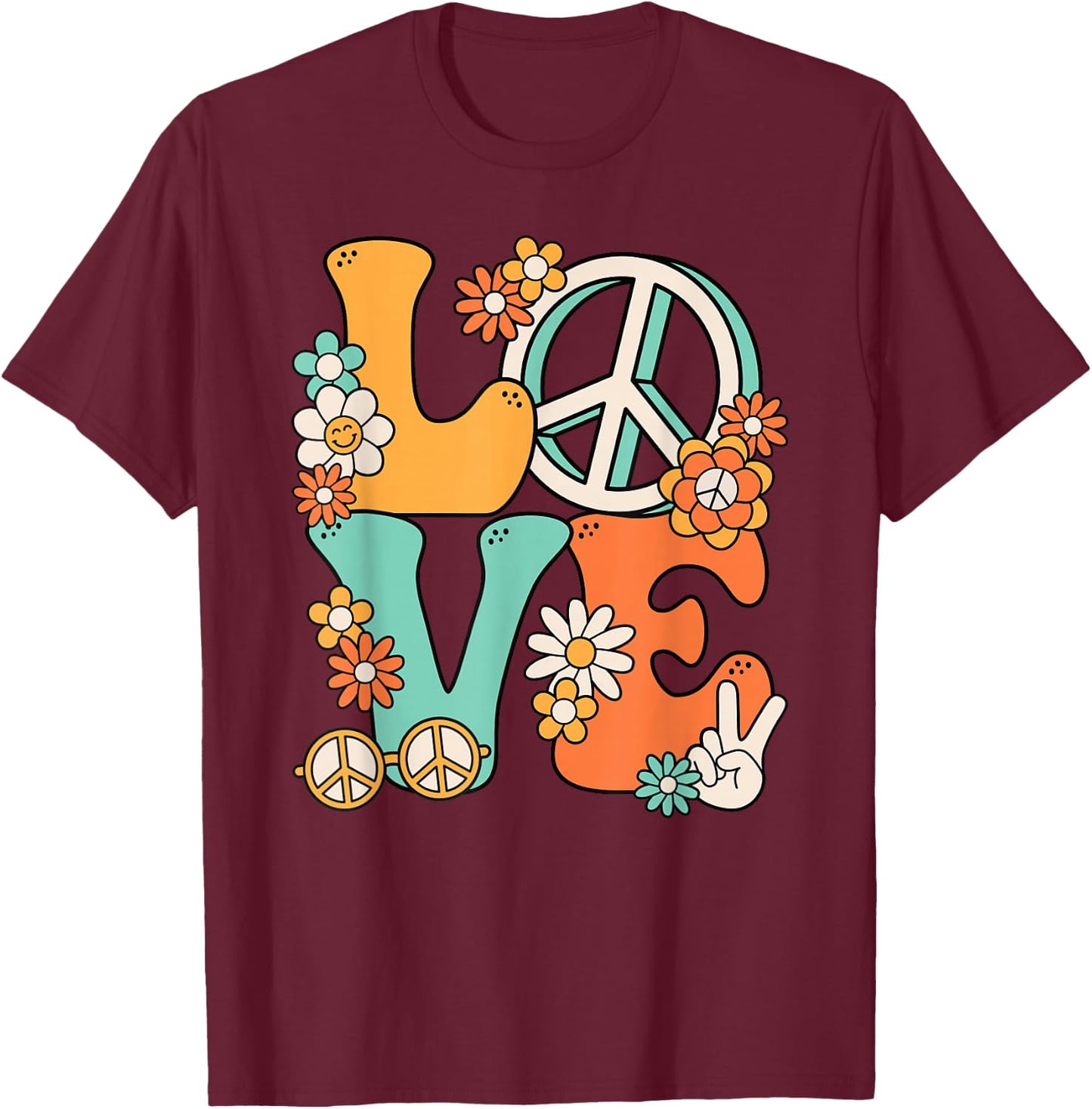 60s 70s Hippie Love Peace Groovy Party Outfit Retro , black T-Shirt - T-Shirt | Maroon