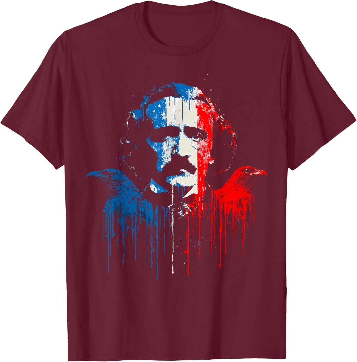 Edgar Allan Poe Horror Fiction American Flag USA Drip T-Shirt - T-Shirt | Maroon
