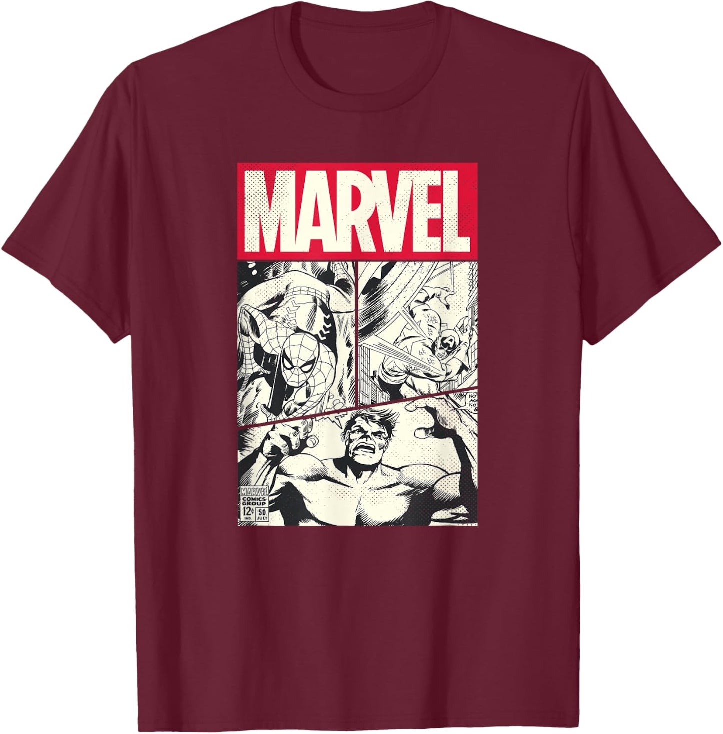 Marvel Comic Cover With Spider-Man, Captain America, Hulk , Black, S T-Shirt - T-Shirt | Maroon