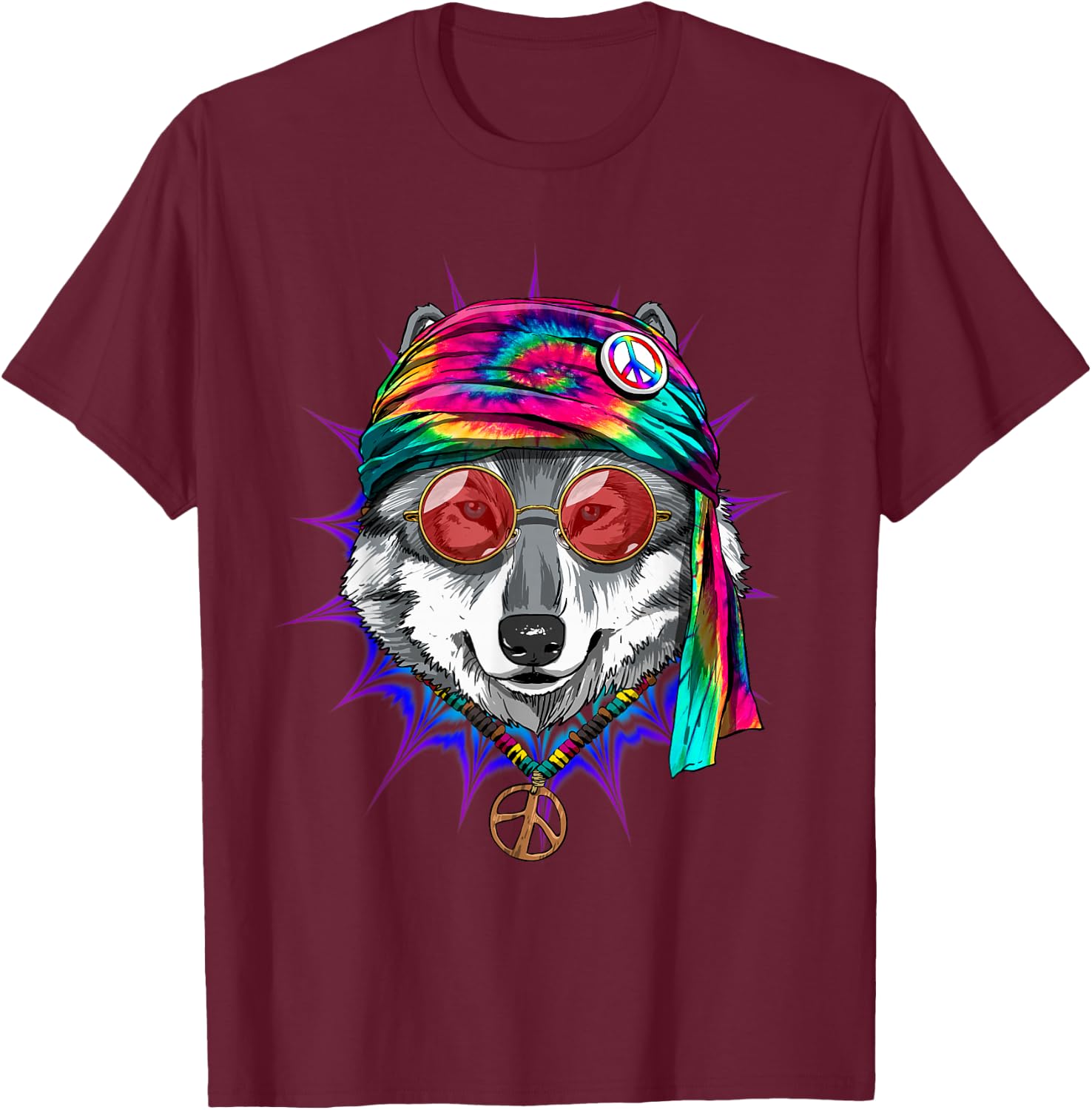 Tie Dye Hippie Wolf Hippiness Peace Love Wolf T-Shirt - T-Shirt | Maroon