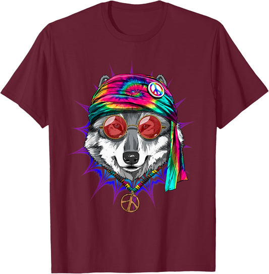 Tie Dye Hippie Wolf Hippiness Peace Love Wolf T-Shirt - T-Shirt | Maroon