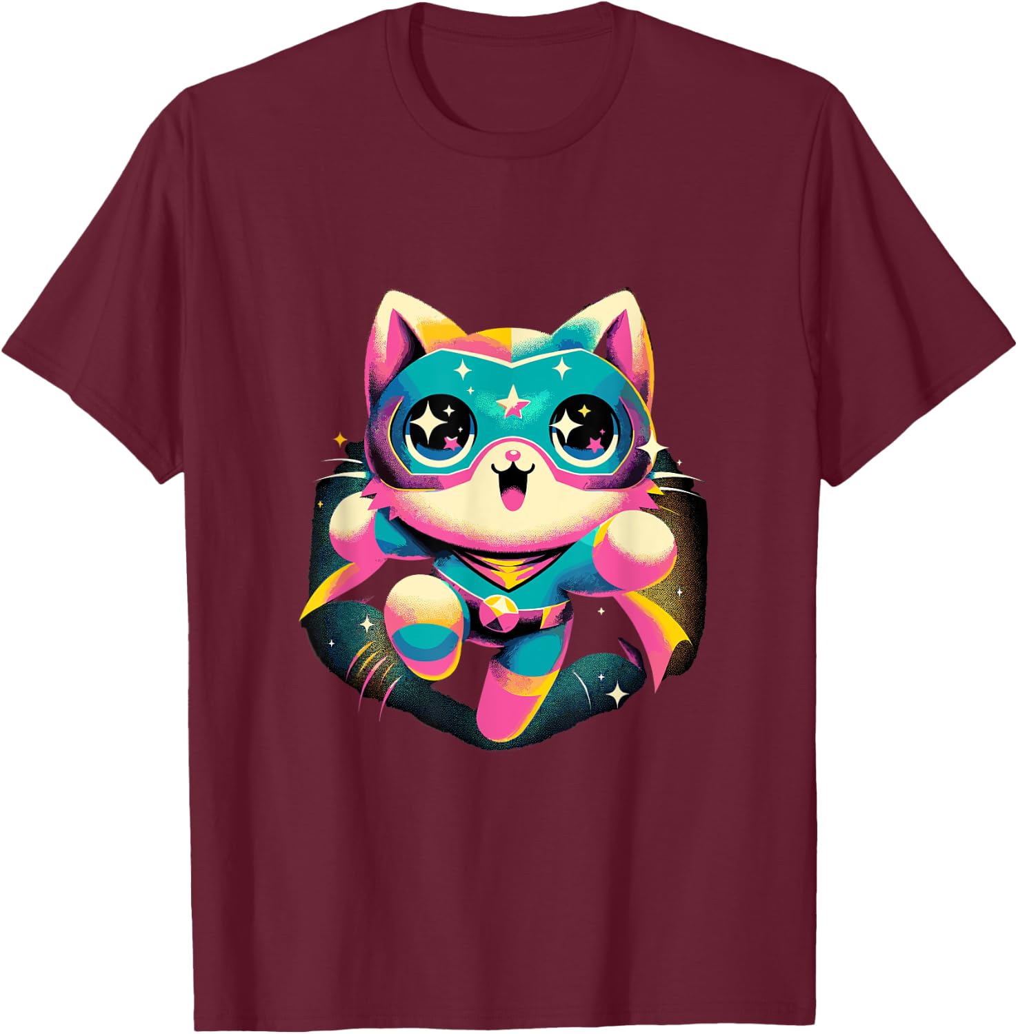 Kawaii Cat Hero - Cute Anime Superhero , Small, Black T-Shirt - T-Shirt | Maroon