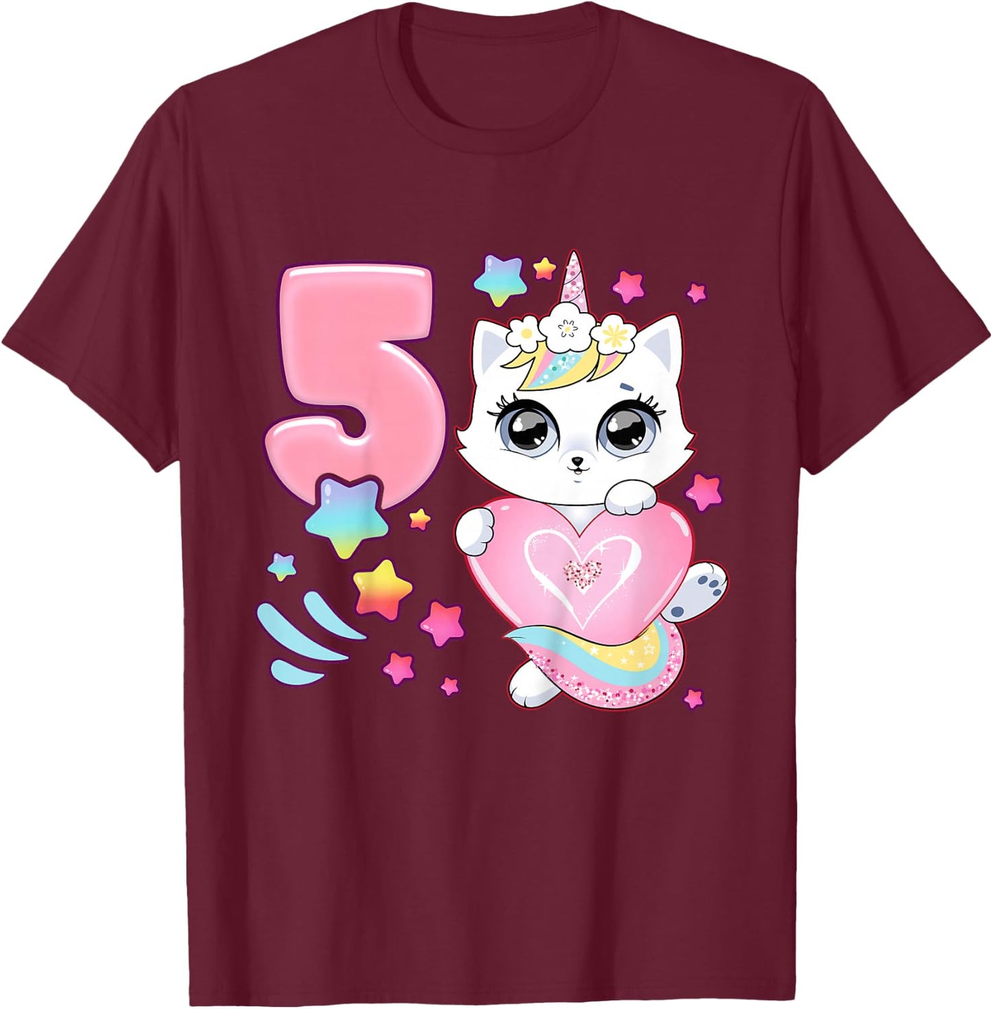 Geburtstag Mädchen 5 Jahre, Katze, Einhorn, 5. Geburtstag T-Shirt - T-Shirt | Maroon