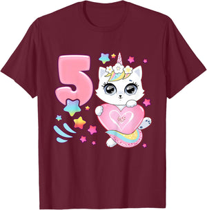 Birthday girl 5 years old, cat, unicorn, 5th birthday T-Shirt - T-Shirt | Maroon