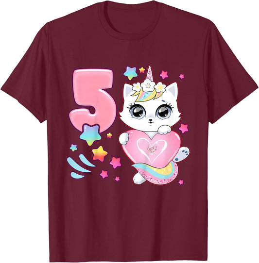 Birthday girl 5 years old, cat, unicorn, 5th birthday T-Shirt - T-Shirt | Maroon