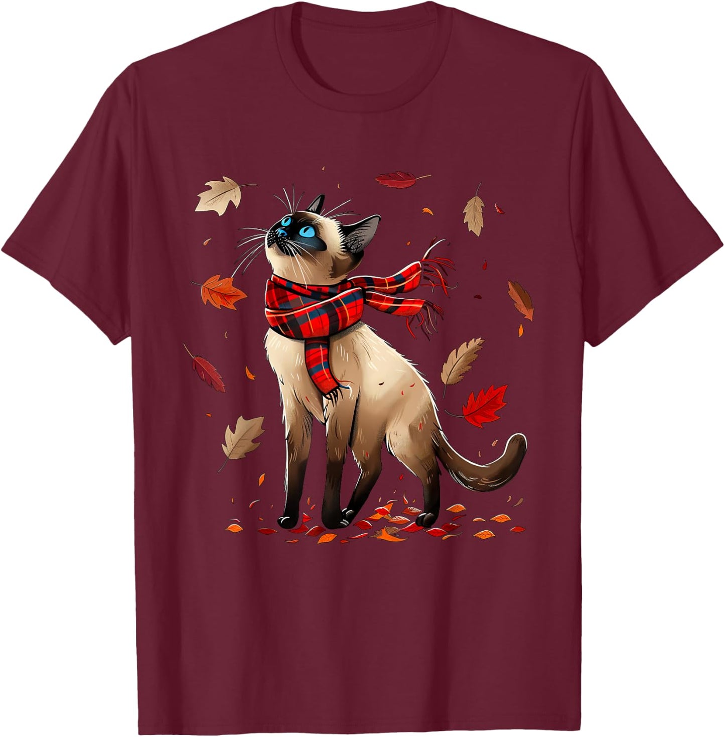 Retro Fall Leaf Siamese Cat Autumn Season Thanksgiving (kid) T-Shirt - T-Shirt | Maroon