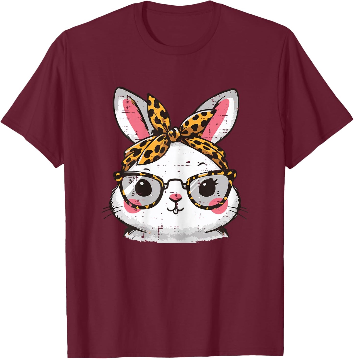 Easter Bunny Face Leopard Glasses Rabbit Women Girls Kids T-Shirt - T-Shirt | Maroon