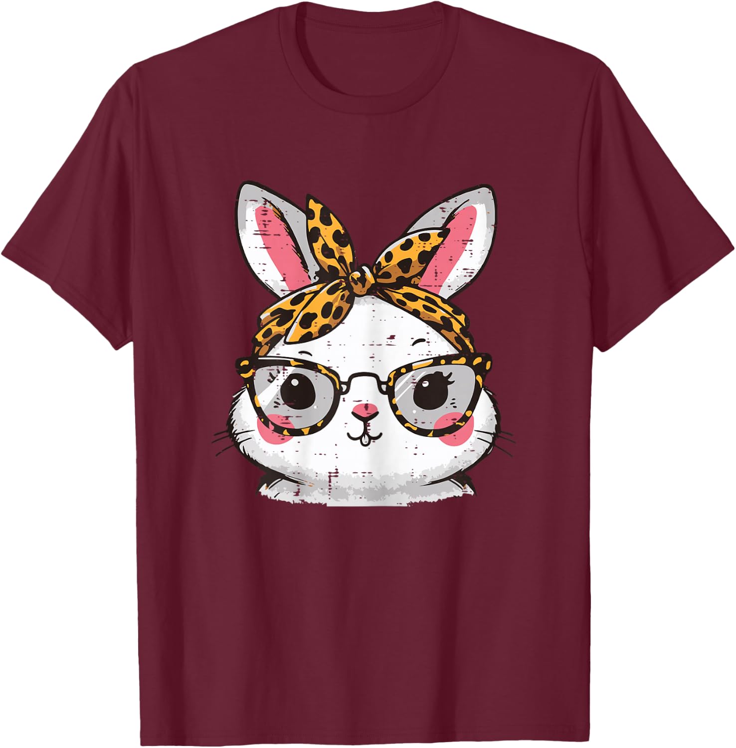 Easter Bunny Face Leopard Glasses Rabbit Women Girls Kids T-Shirt - T-Shirt | Maroon