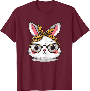 Easter Bunny Face Leopard Glasses Rabbit Women Girls Kids T-Shirt - T-Shirt | Maroon