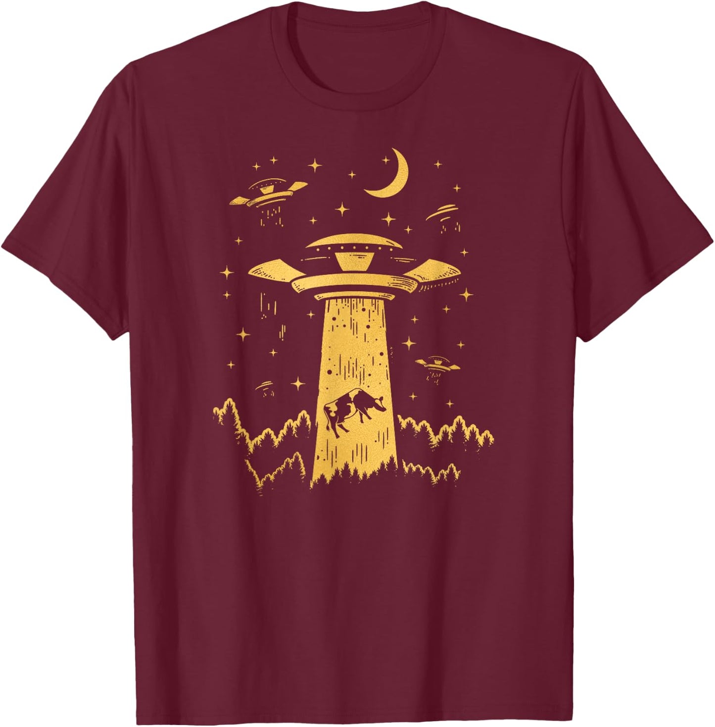 Cow Novelty UFO Alien Abduction Flying Saucer Cow Art T-Shirt - T-Shirt | Maroon