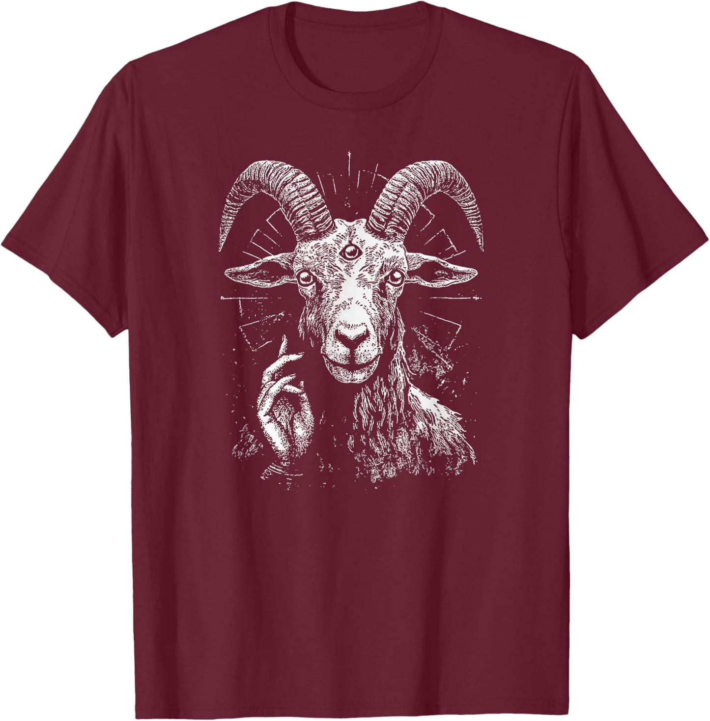 Satanic Goat With 3rd Eye And Sacred Blessing Hand Gesture T-Shirt - T-Shirt | Maroon