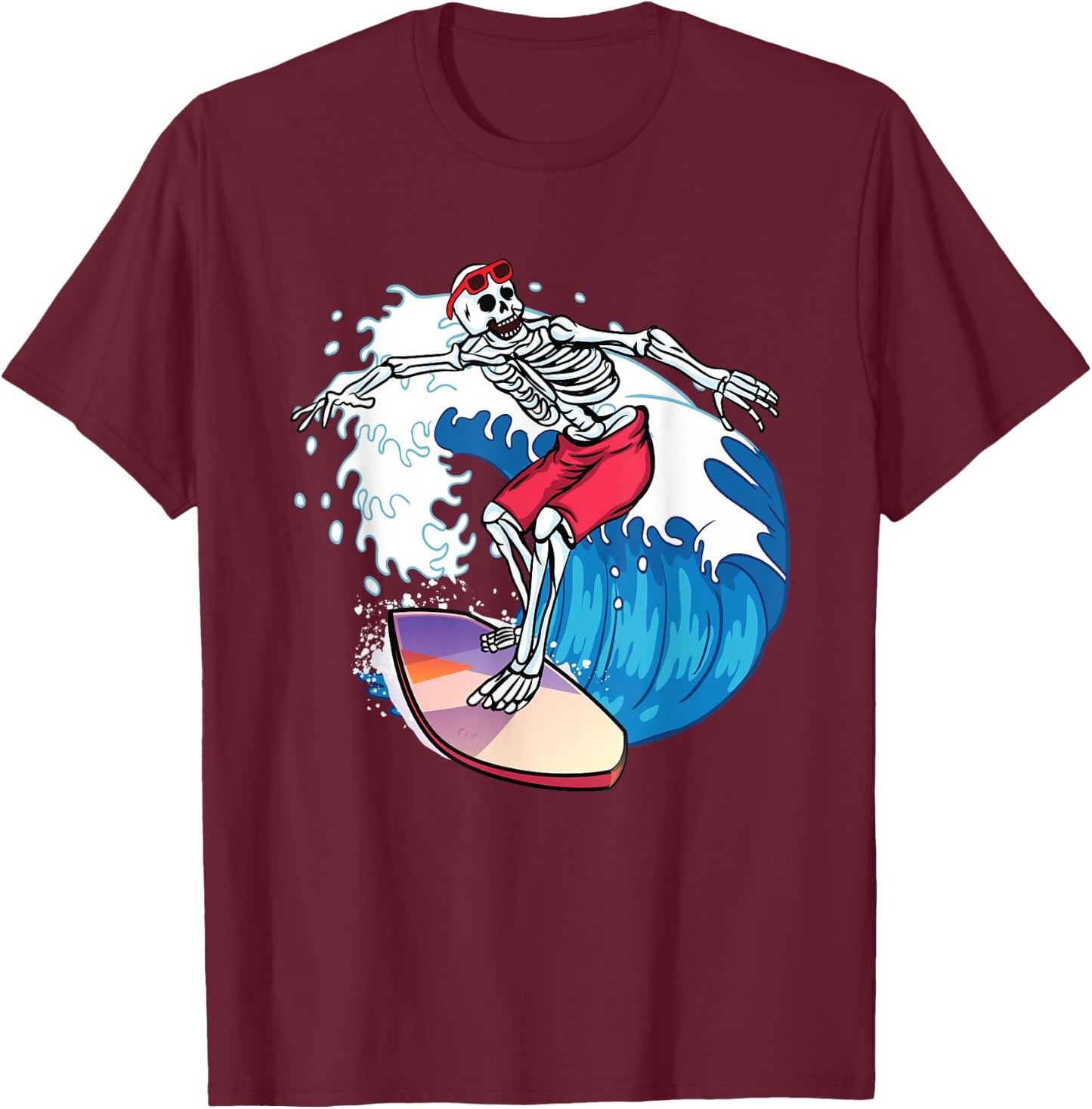 Surfer Skeleton Surfboard Surfing Dude Cool Novelty Graphic T-Shirt - T-Shirt | Maroon