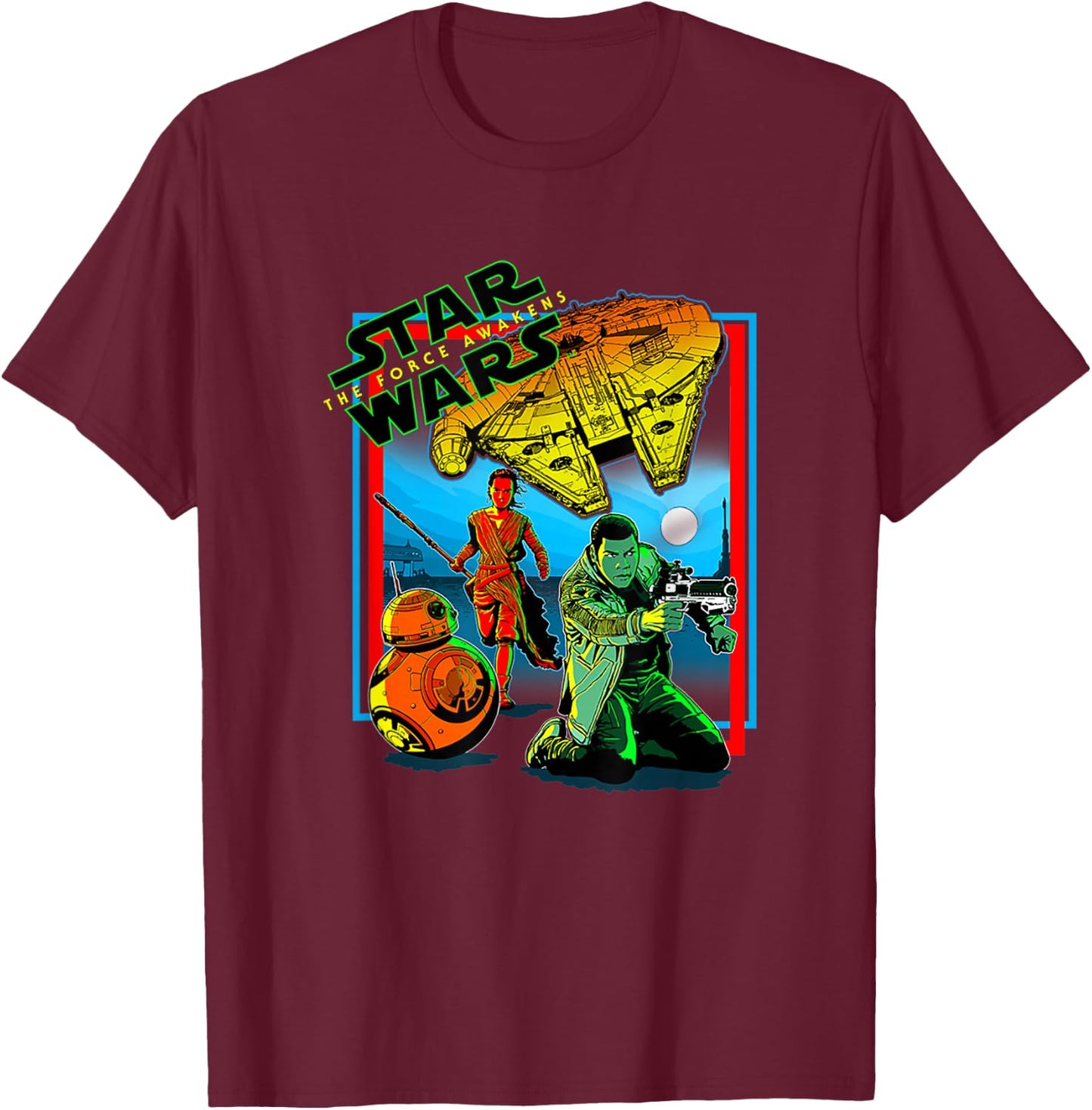 Star Wars The Force Awakens Ray Finn BB-8 Comic Cover Style T-Shirt - T-Shirt | Maroon