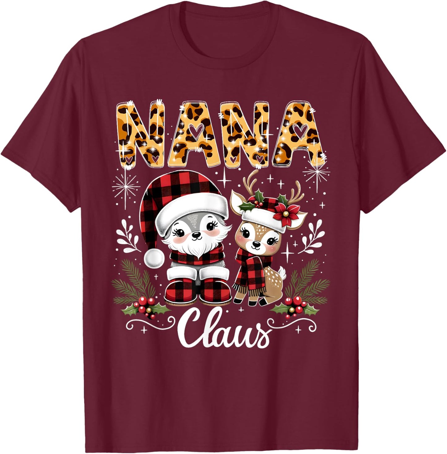 Christmas Nana Claus Grandma Leopard Buffalo Plaid Pjs Xmas T-Shirt - T-Shirt | Maroon