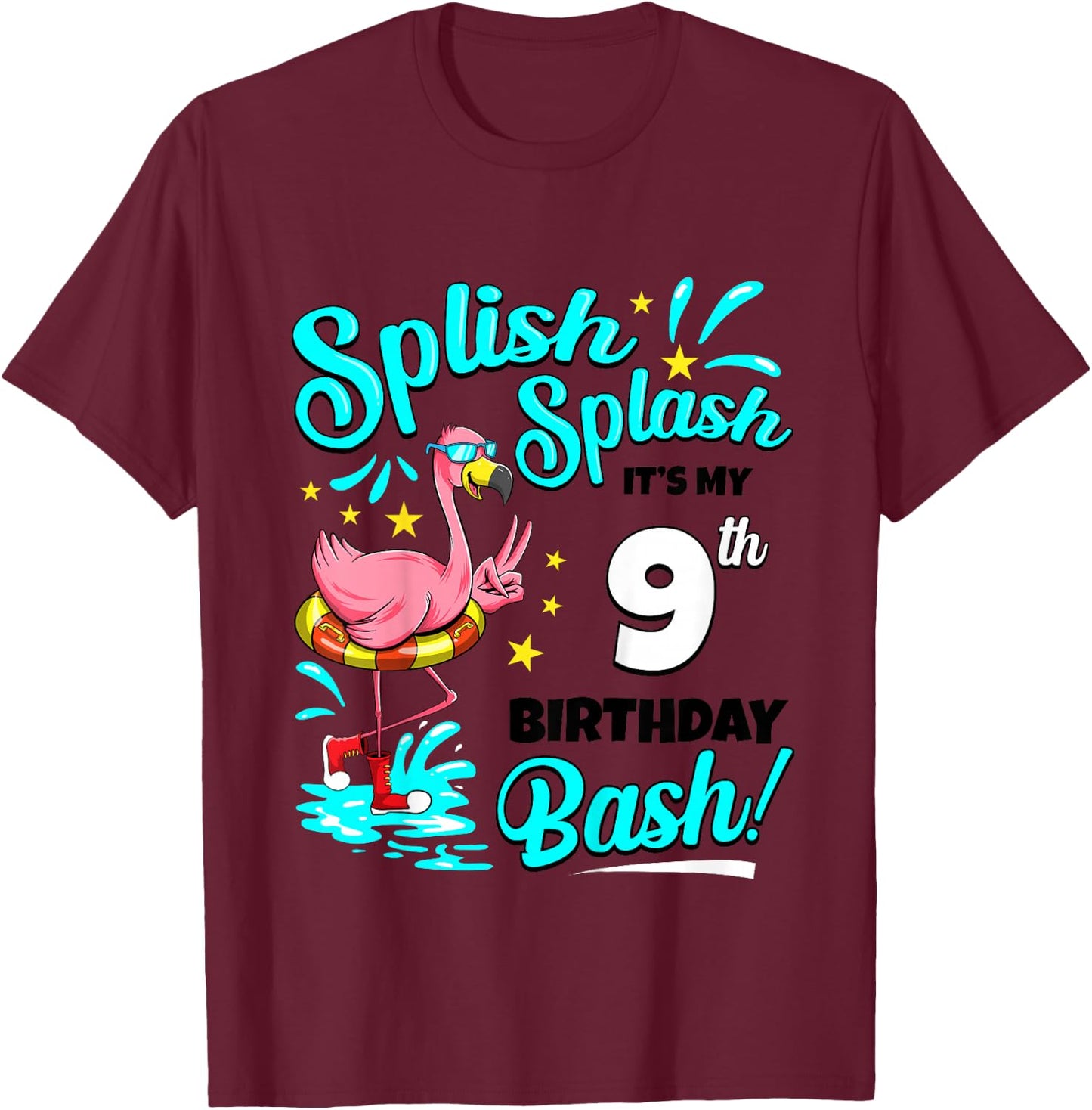 9th Birthday Flamingo 9 Years Old Pool Party Summer T-Shirt - T-Shirt | Maroon