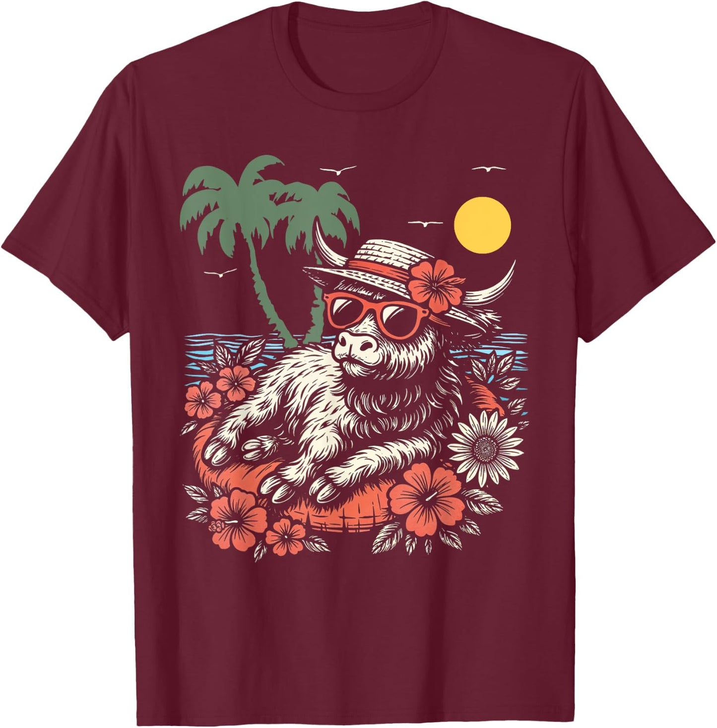 Cute Cow Beach Floatie Highland Cattle Summer Vibes T-Shirt - T-Shirt | Maroon