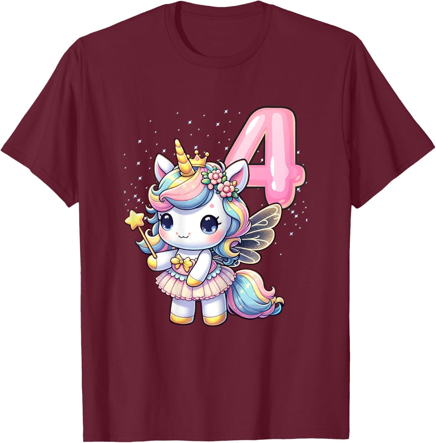 Unicorn Fairy 4th Birthday 4 Year Old Party Girls Outfit T-Shirt - T-Shirt | Maroon
