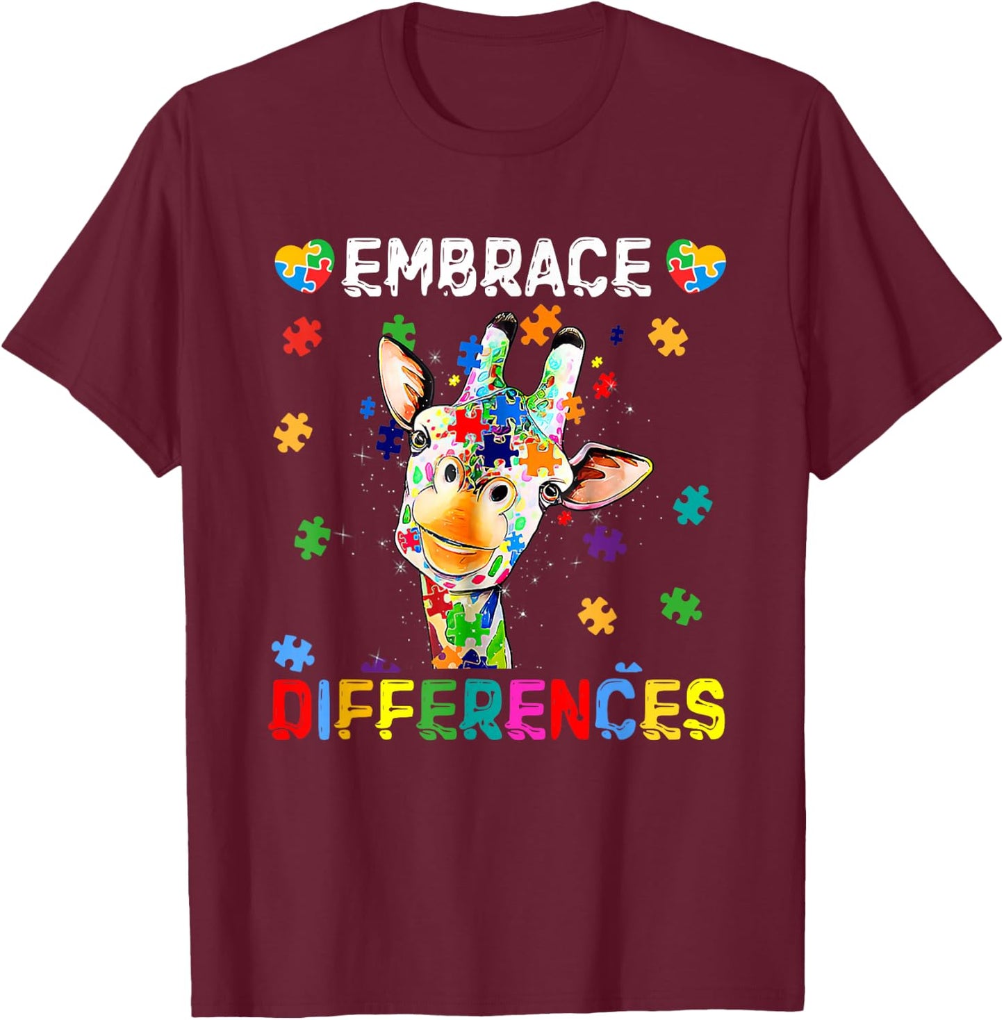 Giraffe Embrace Differences Puzzle Pieces Autism Awareness T-Shirt - T-Shirt | Maroon