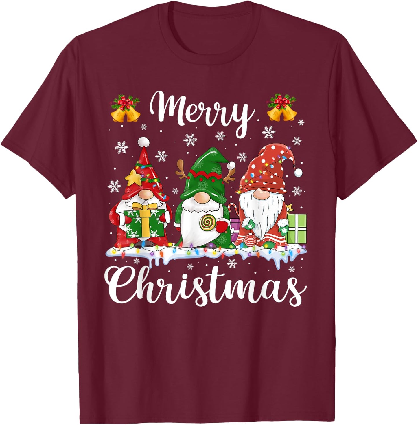 Merry Christmas Light Cute Gnomes Family Gnome Xmas Matching T-Shirt - T-Shirt | Maroon
