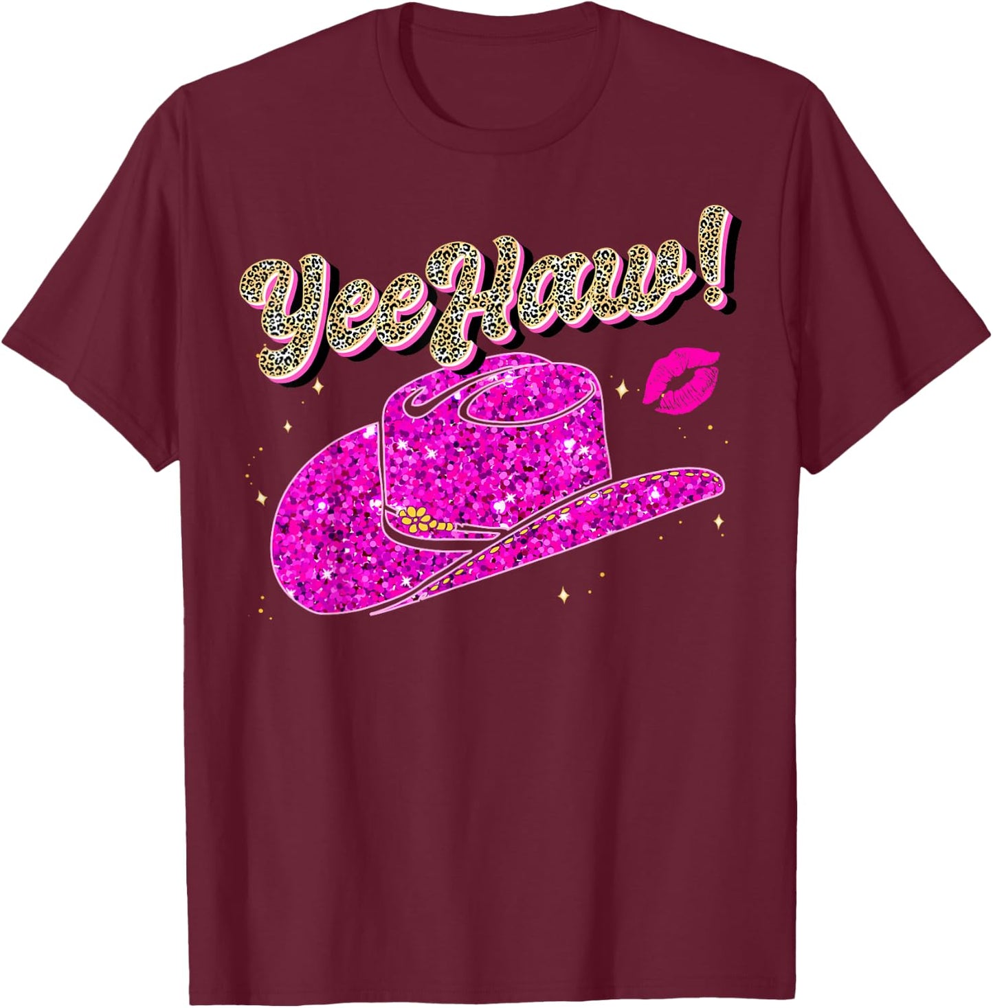 Yee Haw Howdy Pink Cowgirl Leopard Hat Yeehaw Women Girls T-Shirt - T-Shirt | Maroon