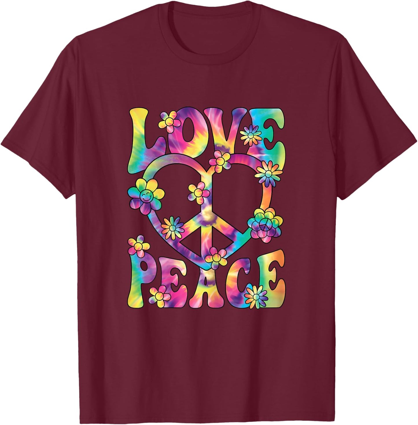 60s 70s Hippie Love Peace Groovy Party Outfit Retro , black T-Shirt - T-Shirt | Maroon