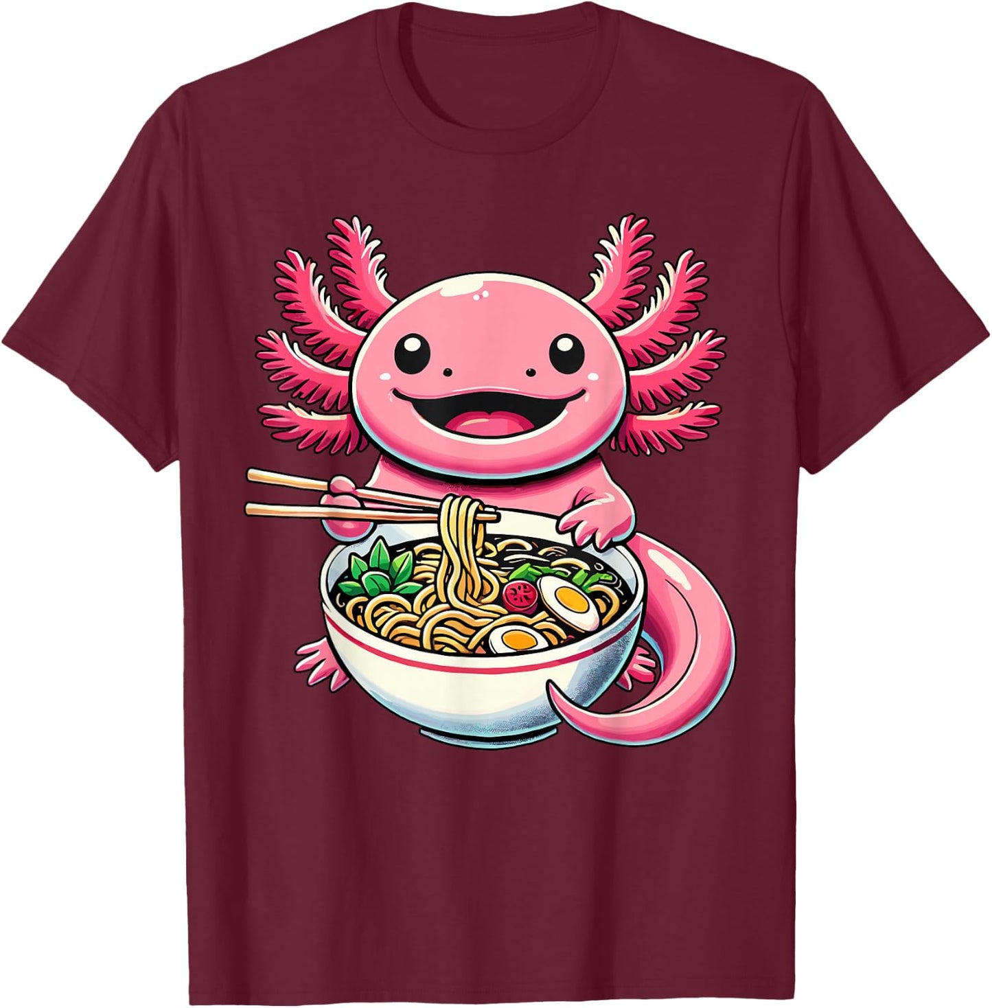 Kawaii Axolotl Eating Ramen Noodles Axolotl T-Shirt - T-Shirt | Maroon