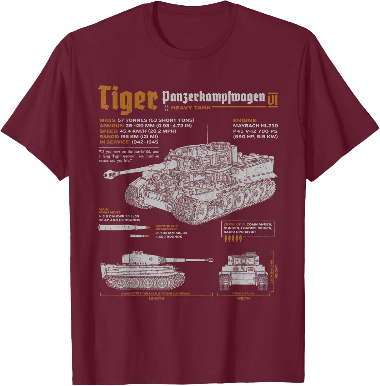 Tiger Tank Panzer PzKpfw VI World War 2 Blueprint T-Shirt - T-Shirt | Maroon