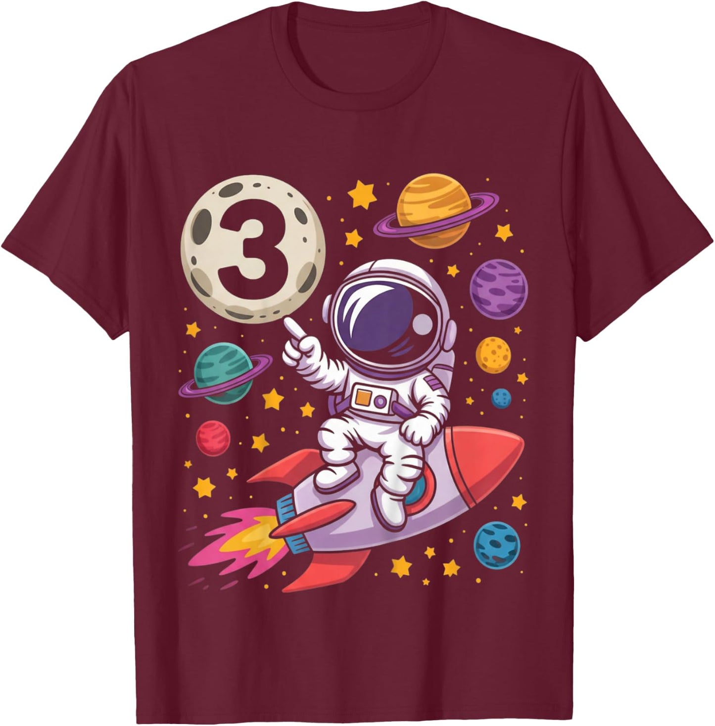 Kids 3rd Birthday Astronaut Galaxy Space 3 Three Birthday Boy T-Shirt - T-Shirt | Maroon