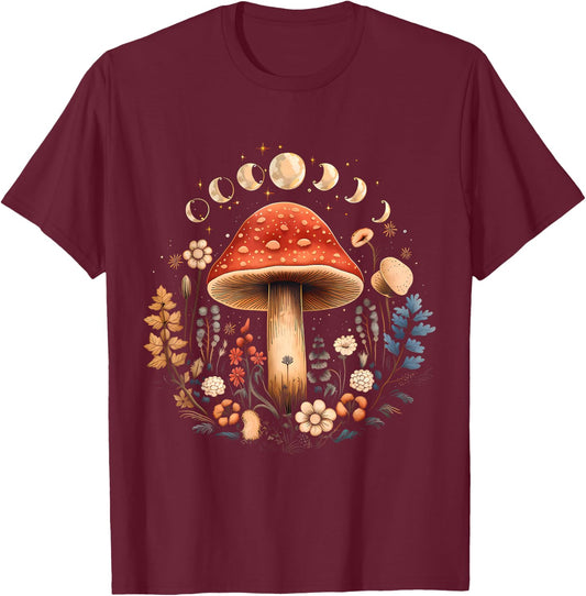 Cottagecore Mushroom Moon Flowers Aesthetic Women Girls Kids T-Shirt - T-Shirt | Maroon