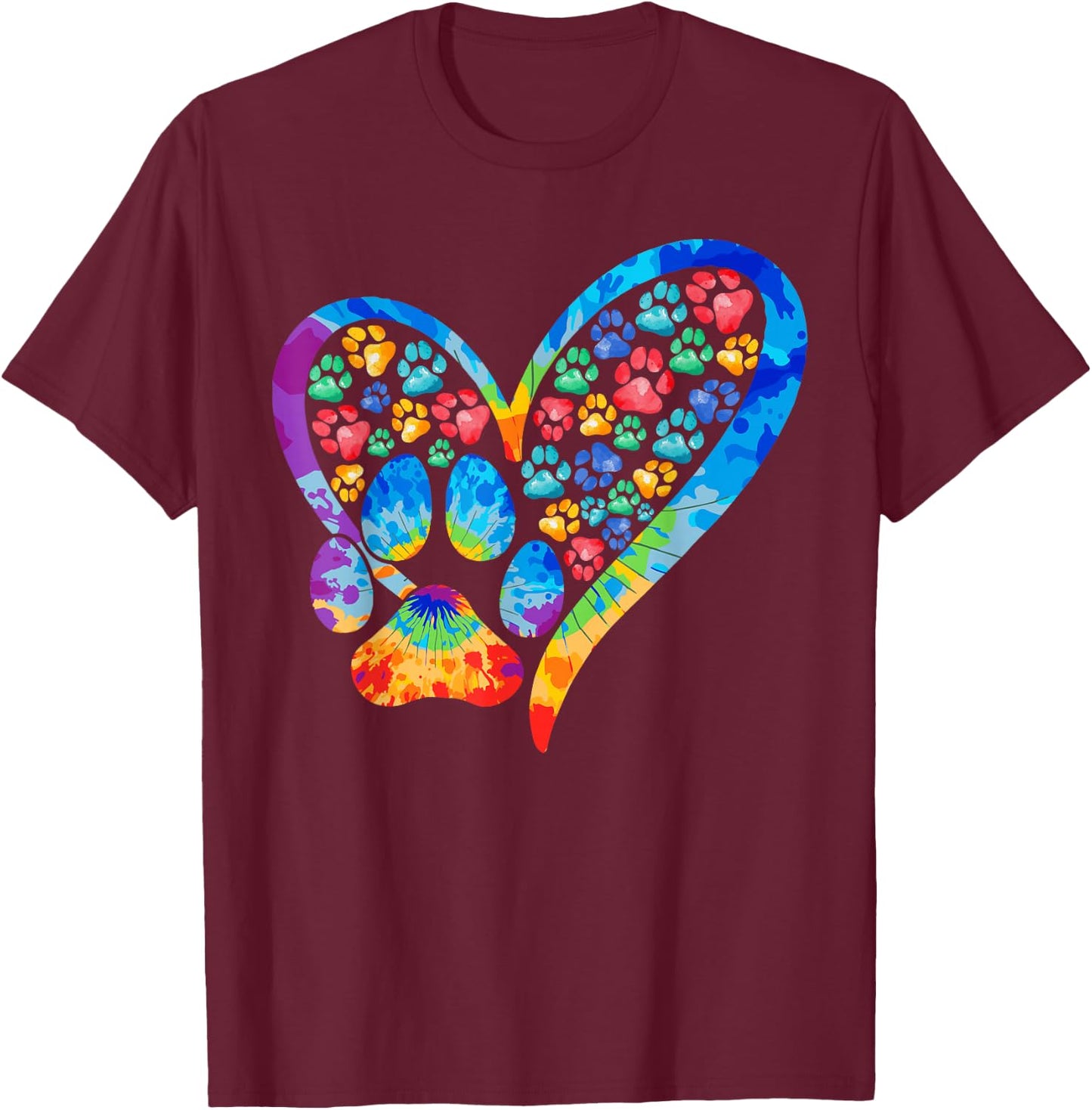 Tie Dye Love Dog Paw Print Heart Animal Lover T-Shirt - T-Shirt | Maroon