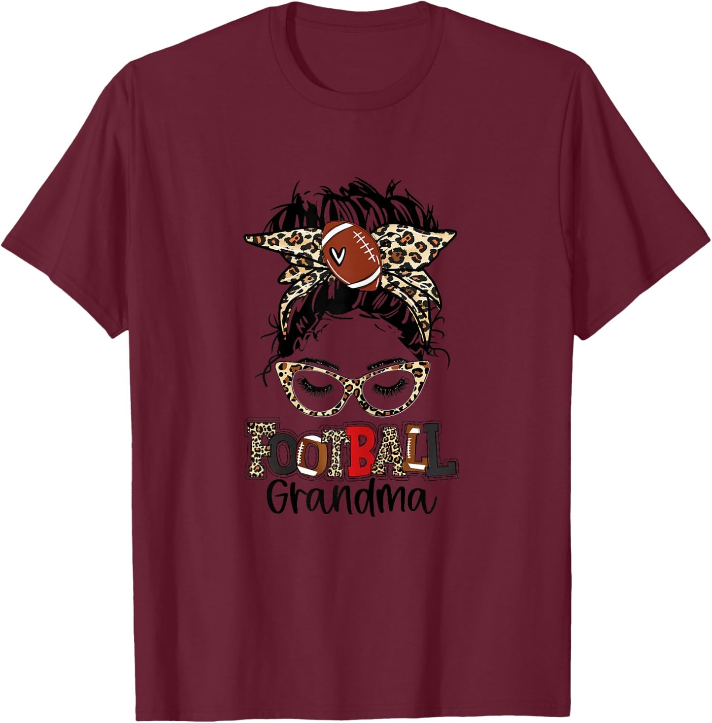 Leopard Messy Bun Football Grandma Game Day Mothers Day T-Shirt - T-Shirt | Maroon