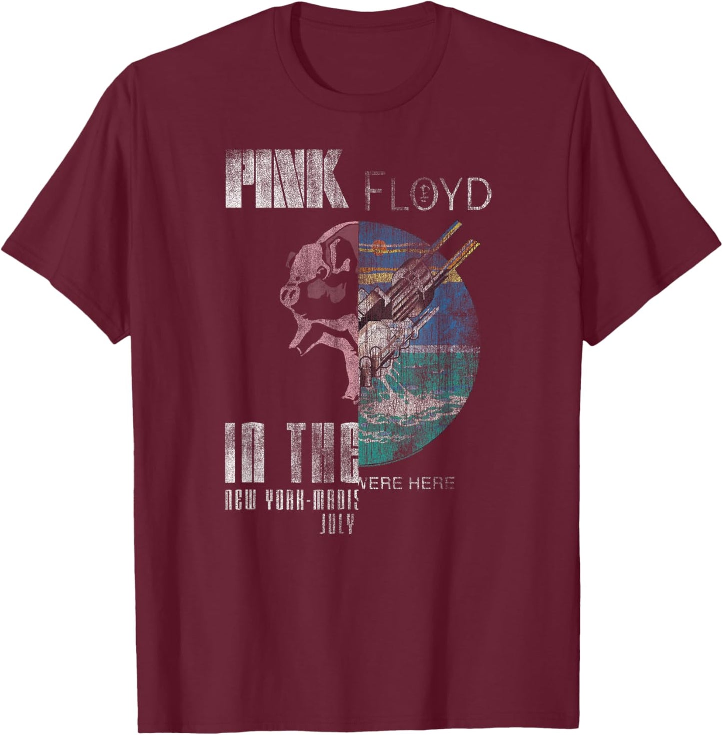 Pink Floyd Animals Wish You Were Here Splice Distressed Rock , Black, S T-Shirt - T-Shirt | Maroon