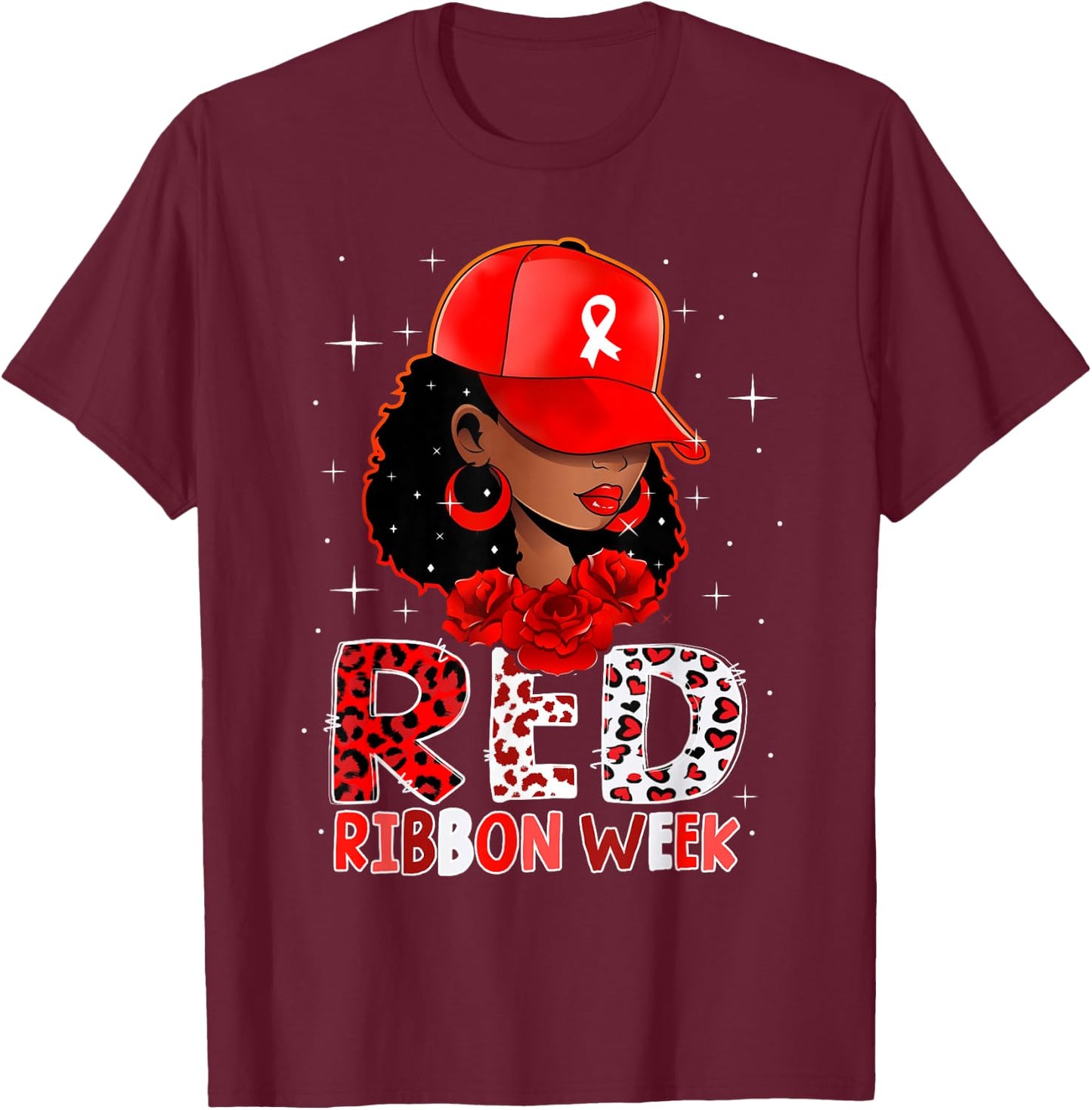 Black Girl Red Ribbon Week Leopard We Wear Red for Awareness T-Shirt - T-Shirt | Maroon