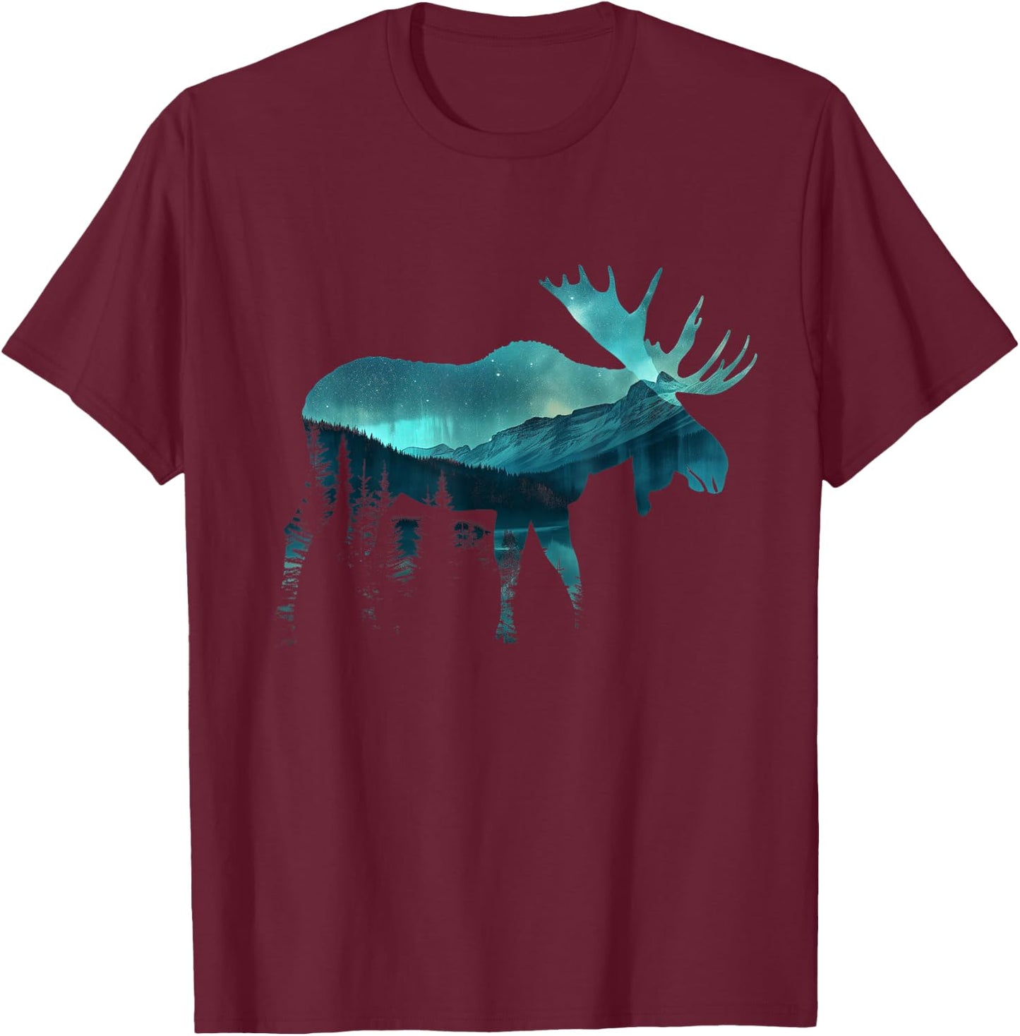 Moose Northern Light Winter Hiking Alaska Nature Lover T-Shirt - T-Shirt | Maroon